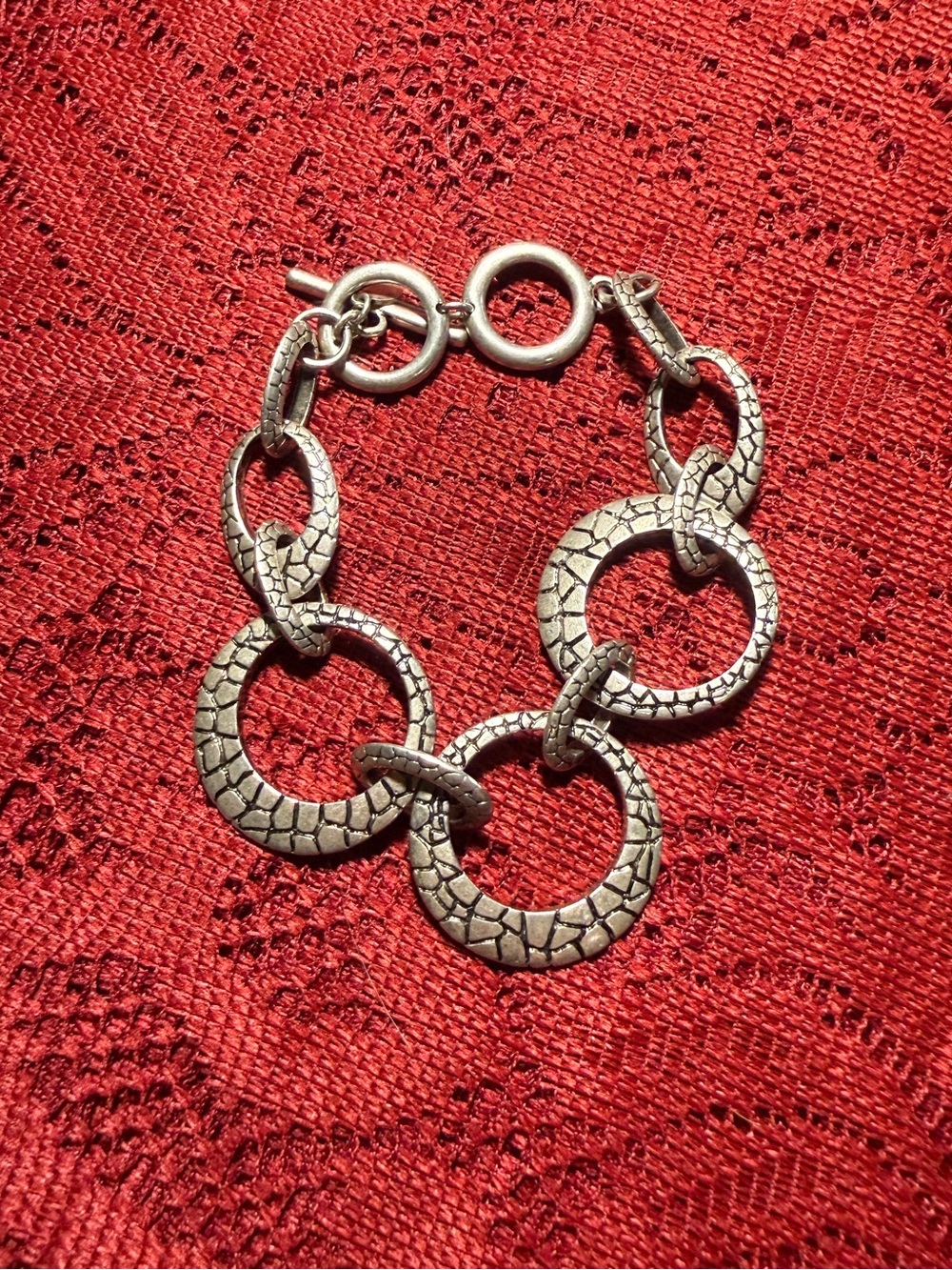 Vintage Brutalist Silver-Tone Textured Link Toggle Bracelet